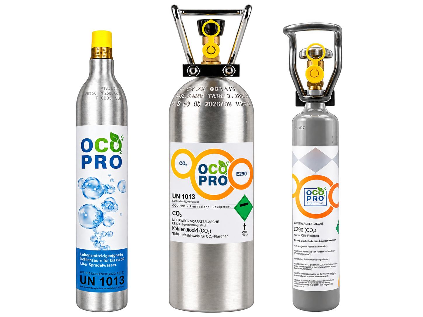 Drei OCO PRO CO₂-Flaschen im Vergleich