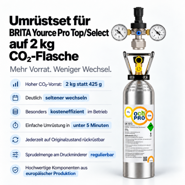 Umrüstset für Brita Yource Pro Top/Select auf Mehrwegflasche (z.B. 2kg/3kg/6kg usw.). Optional: inkl. 2kg CO2-Flasche